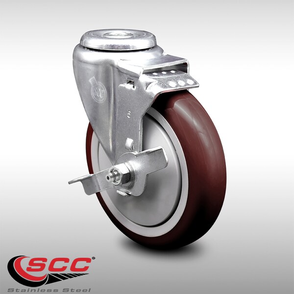 5 Inch SS Maroon Polyurethane Wheel Swivel Bolt Hole Caster with Brake SCC